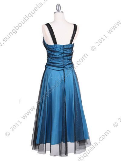063 Black/Turquoise Glitter Tea Length Dress - Black Turquoise, Back View Medium