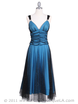 063 Black/Turquoise Glitter Tea Length Dress, Black Turquoise