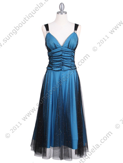 063 Black/Turquoise Glitter Tea Length Dress - Black Turquoise, Front View Medium