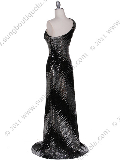 066 Silver Black Sequin Evening Dress - Silver, Back View Medium