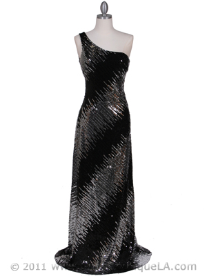 066 Silver Black Sequin Evening Dress, Silver