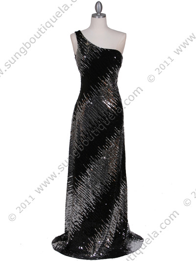 066 Silver Black Sequin Evening Dress - Silver, Front View Medium