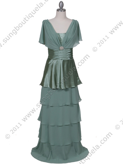 067 Sage Tier Evening Dress - Sage, Front View Medium