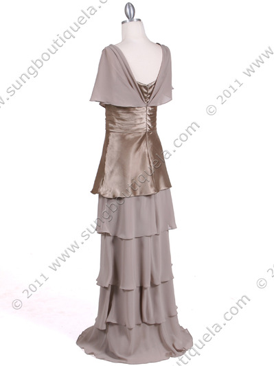 067 Taupe Tier Evening Dress - Taupe, Back View Medium
