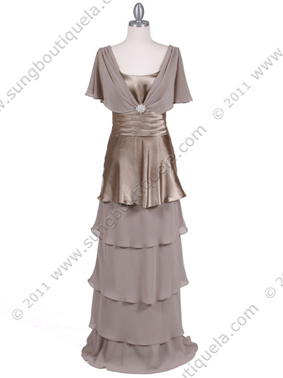 067 Taupe Tier Evening Dress - Taupe, Front View Medium