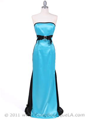 068 Black Turquoise Strapless Evening Gown, Black Turquoise