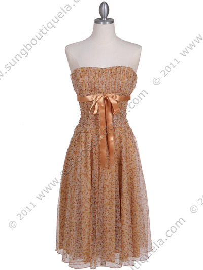 072 Gold Printed Tea Length Dress - Gold, Front View Medium