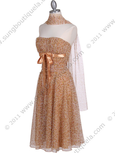 072 Gold Printed Tea Length Dress - Gold, Alt View Medium