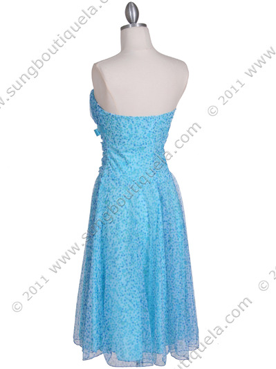 072 Turquoise Printed Tea Length Dress - Turquoise, Back View Medium