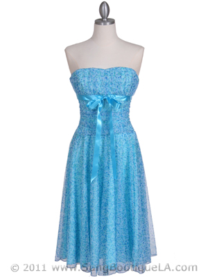 072 Turquoise Printed Tea Length Dress, Turquoise