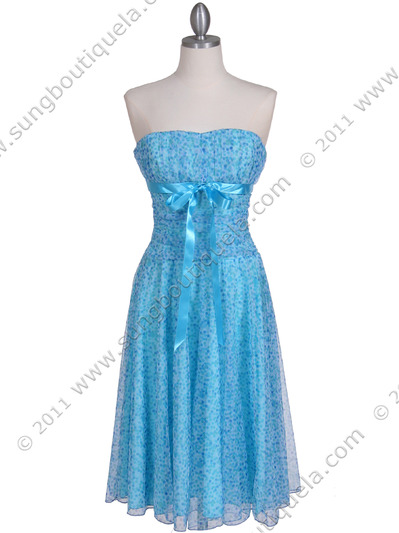 072 Turquoise Printed Tea Length Dress - Turquoise, Front View Medium