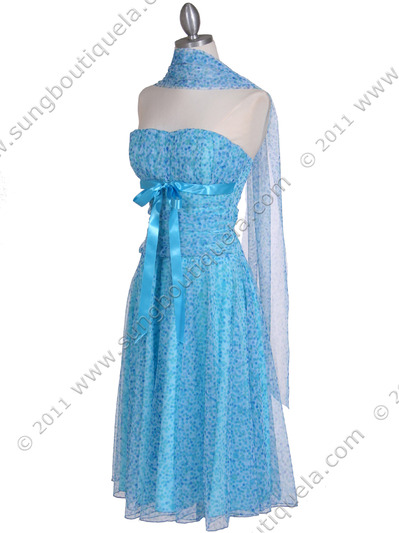 072 Turquoise Printed Tea Length Dress - Turquoise, Alt View Medium
