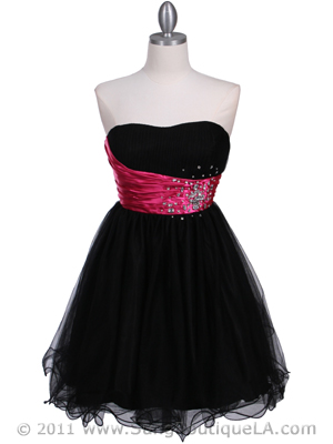 077 Black Fuschia Strapless Cocktail Dress, Black Fuschia