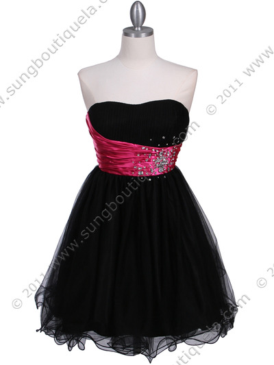 077 Black Fuschia Strapless Cocktail Dress - Black Fuschia, Front View Medium