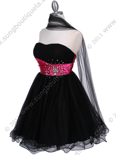 077 Black Fuschia Strapless Cocktail Dress - Black Fuschia, Alt View Medium