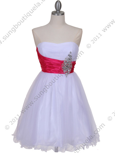 077 White Fuschia Strapless Cocktail Dress - White Fuschia, Front View Medium