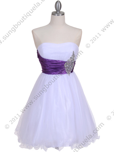 077 White Purple Strapless Cocktail Dress - White Purple, Front View Medium