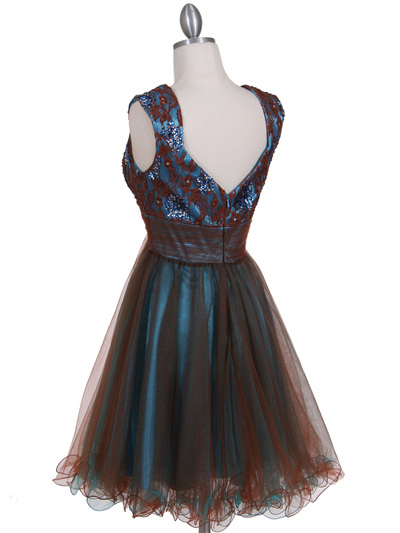 08034 Brown Turquoise Sequins Top Cocktail Dress - Brown Turquoise, Back View Medium