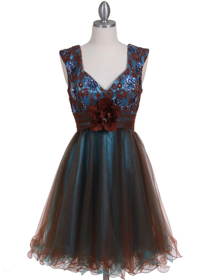 08034 Brown Turquoise Sequins Top Cocktail Dress, Brown Turquoise
