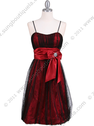 082 Black Red Cocktail Bubble Dress - Black Red, Front View Medium
