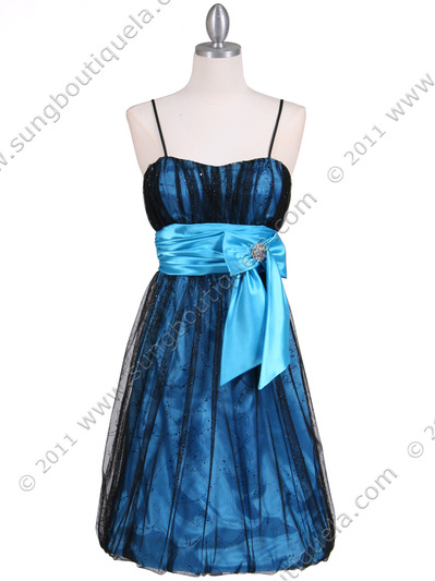 082 Black Turquoise Cocktail Bubble Dress - Black Turquoise, Front View Medium