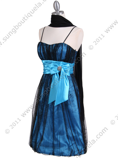 082 Black Turquoise Cocktail Bubble Dress - Black Turquoise, Alt View Medium