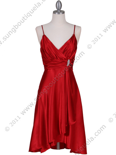 083 Red Charmeuse Cocktail Dress with Rhinestone Pin - Red, Front View Medium