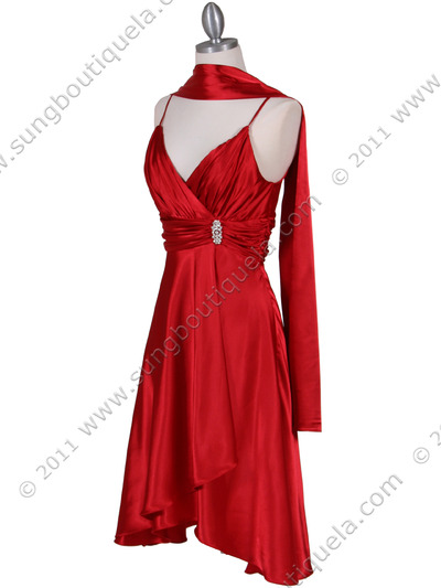 083 Red Charmeuse Cocktail Dress with Rhinestone Pin - Red, Alt View Medium