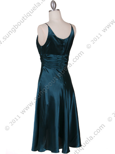 083 Teal Charmeuse Cocktail Dress with Rhinestone Pin - Teal, Back View Medium