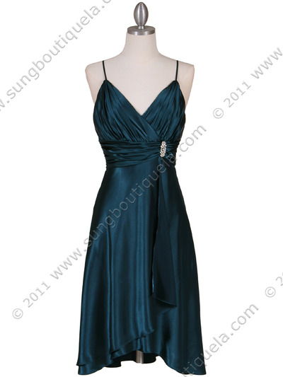 083 Teal Charmeuse Cocktail Dress with Rhinestone Pin - Teal, Front View Medium