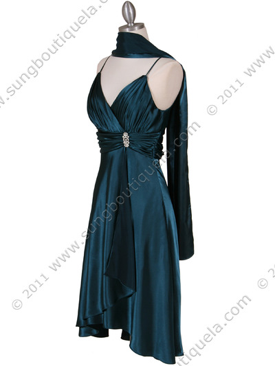 083 Teal Charmeuse Cocktail Dress with Rhinestone Pin - Teal, Alt View Medium