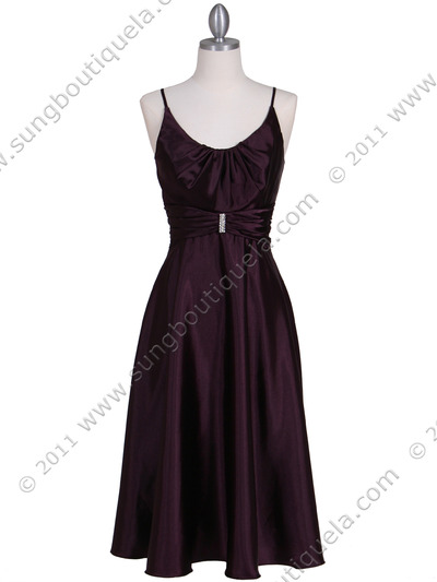 085 Purple Charmeuse Tea Length Dress - Purple, Front View Medium