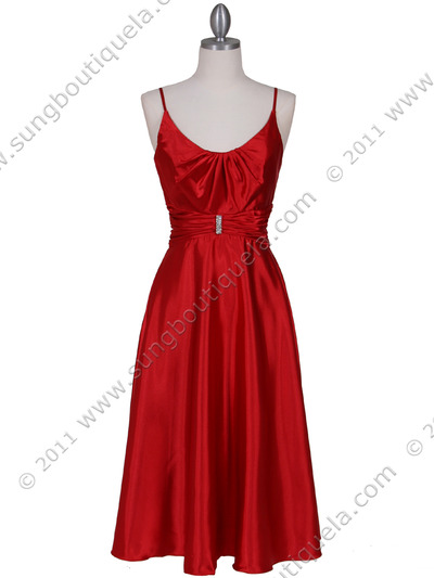 085 Red Charmeuse Tea Length Dress - Red, Front View Medium