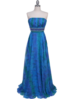 09287 Blue Printed Strapless Chiffon Evening Dress, Blue