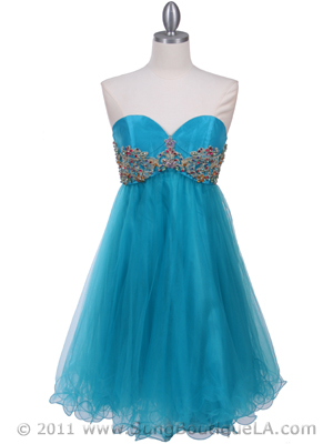 09365 Turquoise Strapless Cocktail Dress, Turquoise