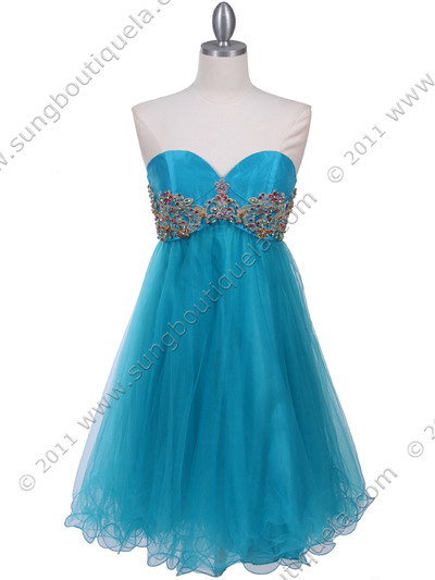 09365 Turquoise Strapless Cocktail Dress - Turquoise, Front View Medium