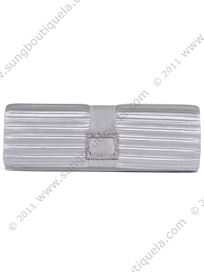 10000 Silver Satin Evening Bag with Rhinestone Buckle - Silver, Front View Medium