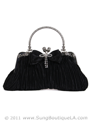 10001 Black Satin Evening Bag with Rhinestone Bow, Black