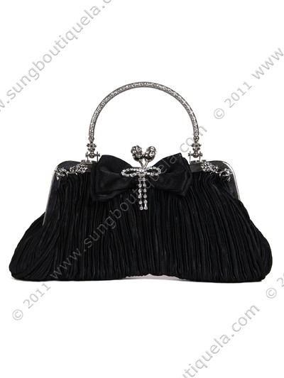 10001 Black Satin Evening Bag with Rhinestone Bow - Black, Front View Medium