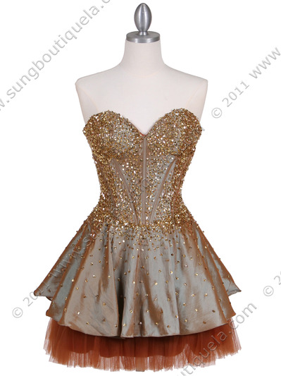 1035 Champagne Beaded Party Dress - Champagne, Front View Medium