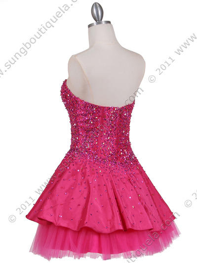 1035 Hot Pink Beaded Party Dress - Hot Pink, Back View Medium