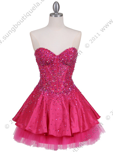 1035 Hot Pink Beaded Party Dress - Hot Pink, Front View Medium