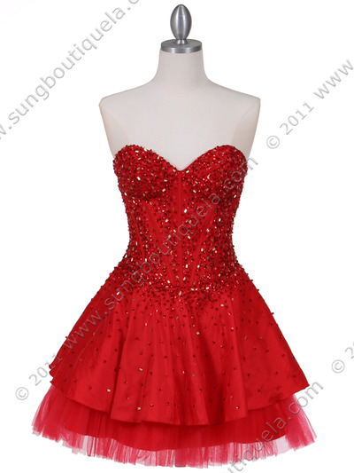 1035 Red Beaded Party Dress - Red, Front View Medium