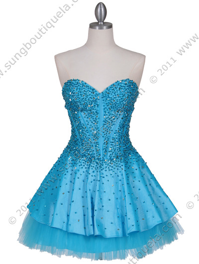 1035 Turquoise Beaded Party Dress - Turquoise, Front View Medium