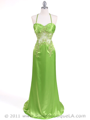 1045 Lime Charmeuse Halter Evening Gown, Lime