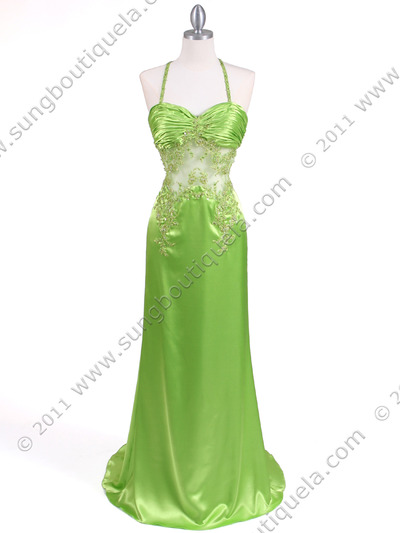 1045 Lime Charmeuse Halter Evening Gown - Lime, Front View Medium