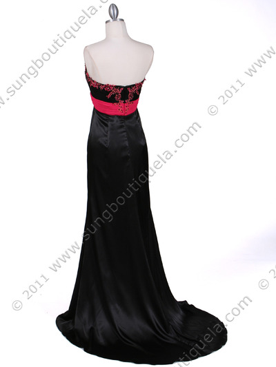 1047 Black Strapless Satin Evening Dress - Black Fuschia, Back View Medium