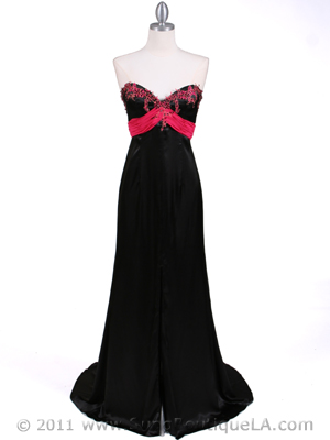 1047 Black Strapless Satin Evening Dress, Black Fuschia