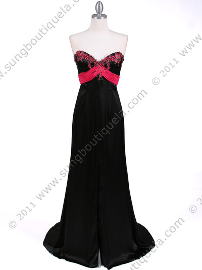 1047 Black Strapless Satin Evening Dress - Black Fuschia, Front View Medium