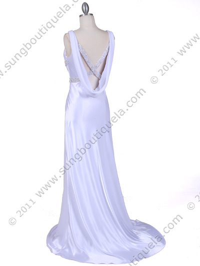 1050 White Draped Back Evening Gown - White, Back View Medium